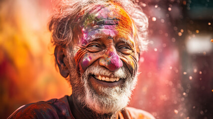 Senior man fully covered with paint holi, traditional Indian holyday - obrazy, fototapety, plakaty