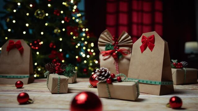 Gifts and red Christmas balls under the tree 