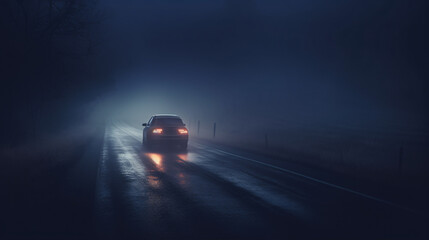 A car braving the perils of nighttime fog on the road..