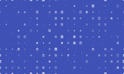 Seamless background pattern of evenly spaced white bank symbols of different sizes and opacity. Vector illustration on indigo background with stars