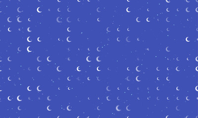 Seamless background pattern of evenly spaced white moon symbols of different sizes and opacity. Vector illustration on indigo background with stars