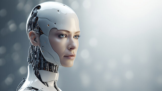 Human face cyborg profile with bright lighting blurred background, humanoid robot, artificial intelligence concept, copy space
