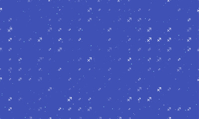 Seamless background pattern of evenly spaced white zodiac sagittarius symbols of different sizes and opacity. Vector illustration on indigo background with stars