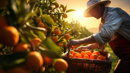 senior man orange farm worker harvesting tangerines while Proud of the agricultural products of the family, Agriculture and plantation concept - obrazy, fototapety, plakaty