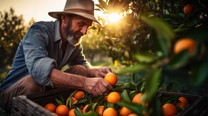 Fotobehang senior man orange farm worker harvesting tangerines while Proud of the agricultural products of the family, Agriculture and plantation concept © Olga