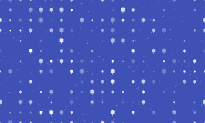 Seamless background pattern of evenly spaced white tree symbols of different sizes and opacity. Vector illustration on indigo background with stars