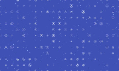 Seamless background pattern of evenly spaced white ecology symbols of different sizes and opacity. Vector illustration on indigo background with stars