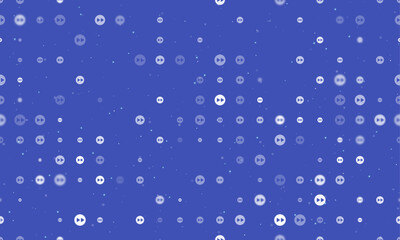 Seamless background pattern of evenly spaced white fast forward symbols of different sizes and opacity. Vector illustration on indigo background with stars