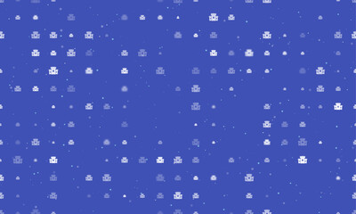 Seamless background pattern of evenly spaced white castle symbols of different sizes and opacity. Vector illustration on indigo background with stars