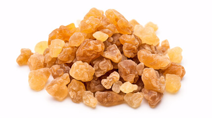 A mound of natural Olibanum, or frankincense, set against a white background is featured in this top view.