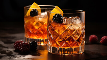 A frosty vintage tipple with chunks of ice and blackberry garnished with orange, on a dark background.