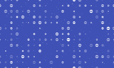 Seamless background pattern of evenly spaced white no entry road signs of different sizes and opacity. Vector illustration on indigo background with stars