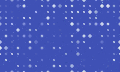 Seamless background pattern of evenly spaced white no right turn signs of different sizes and opacity. Vector illustration on indigo background with stars