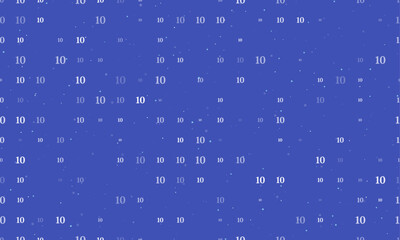 Seamless background pattern of evenly spaced white number ten symbols of different sizes and opacity. Vector illustration on indigo background with stars