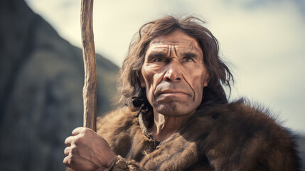 Neanderthal entities brandishing a lance were studied through Sapiens anthropology, as well as the Theory of Evolution. - obrazy, fototapety, plakaty