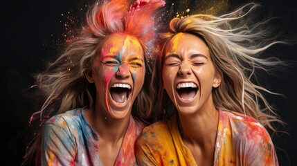 Happy Friends Having Fun Colorful Powder, Bright Background, Background Hd