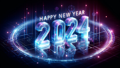  An image where the phrase 'Happy New Year 2024' is depicted as a futuristic hologram. It should have a color scheme dominated by shades of blue.