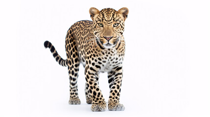 A Panthera pardus gazes into the lens against a plain white backdrop.