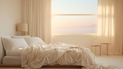 a warm bedroom with a queen-size bed and a white dresser and a white nightstand The walls are painted a light beige and the window is adorned with a sheer white curtain
