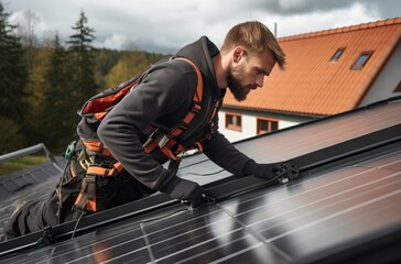 A young man in workman's clothing is installing solar panels.