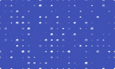 Seamless background pattern of evenly spaced white elephants of different sizes and opacity. Vector illustration on indigo background with stars