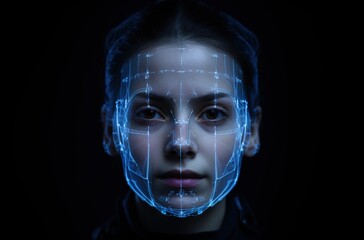 Caucasian woman is scanned with x-ray by hologram