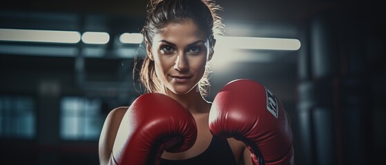 A young female fighter with red boxing gloves looking at the camera - Powered by Adobe