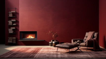 a warm room with dark red walls and a light brown carpet A fireplace is set against one wall and a single armchair is in the center