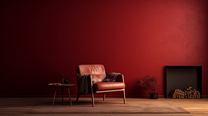 a warm room with dark red walls and a light brown carpet A fireplace is set against one wall and a single armchair is in the center