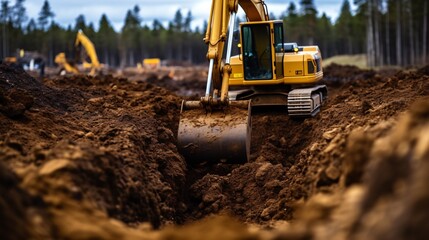 An excavator hollows out a burrow to house the pipeline, with the soil a muddy mixture and part of the scene obscure.