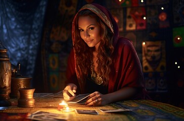 Gypsy medium woman pythoness predicts the future with a crystal ball and tarot cards - obrazy, fototapety, plakaty