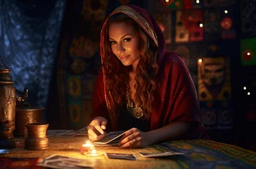 Poster Gypsy medium woman pythoness predicts the future with a crystal ball and tarot cards © Alvaro