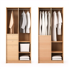 A wardrobe depicted from varying perspectives sits against a stark white backdrop.