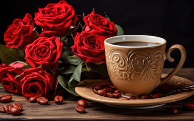 Fototapeta na wymiar Coffee cup and red roses