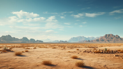 a wide expanse of desert sand with cacti and distant mountains
