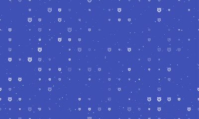 Seamless background pattern of evenly spaced white tiger head symbols of different sizes and opacity. Vector illustration on indigo background with stars