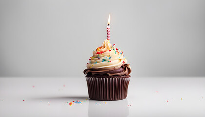 Delicious birthday cupcake on white background