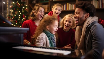 Fototapeta premium Photo of a Joyful Choir Singing Harmoniously in Front of a Majestic Grand Piano