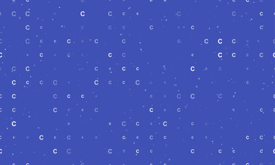 Seamless background pattern of evenly spaced white capital letter C symbols of different sizes and opacity. Vector illustration on indigo background with stars