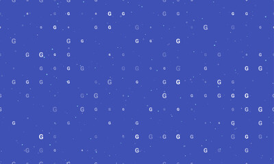 Seamless background pattern of evenly spaced white capital letter G symbols of different sizes and opacity. Vector illustration on indigo background with stars