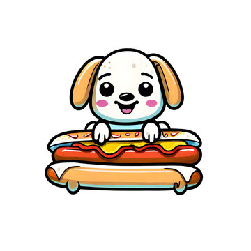 dog holding hotdog ,fast-food , junk food mascot character , icon , emoji , logo sticker isolated on transparent background , PNG file for food branding

