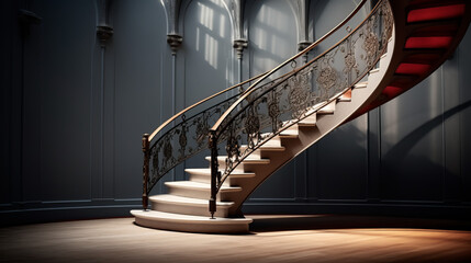 a winding staircase with a railing on either side
