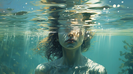 mulher submergindo Água tão clara que é invisível - obrazy, fototapety, plakaty