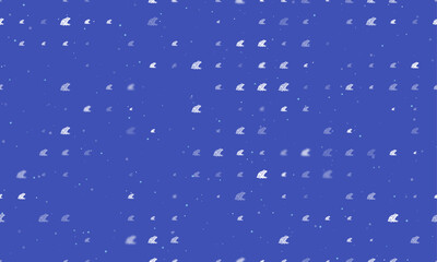 Seamless background pattern of evenly spaced white frog symbols of different sizes and opacity. Vector illustration on indigo background with stars