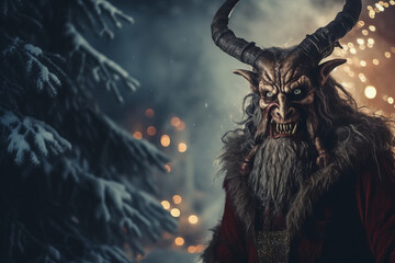 Krampus Christmas in a Snowy Forest on a Night with Snow-Covered Carnivore and Blurred Lights in the Background - obrazy, fototapety, plakaty