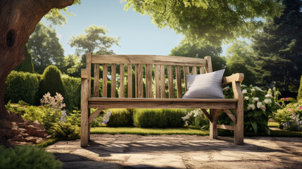 a wooden bench with a view of a garden - obrazy, fototapety, plakaty