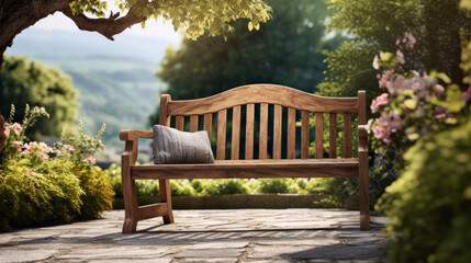 a wooden bench with a view of a garden