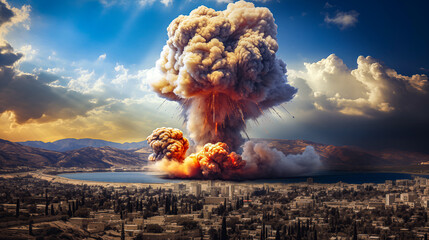 A war scene and the explosion of a bomb falling in the middle of the city. Middle eastern city and building style. Big explosion with smoke and flames over city. War scene,  - obrazy, fototapety, plakaty