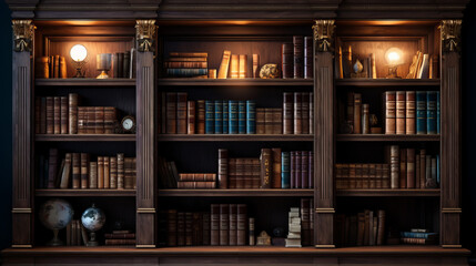 a wooden bookshelf filled with books - obrazy, fototapety, plakaty