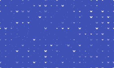 Seamless background pattern of evenly spaced white butterfly symbols of different sizes and opacity. Vector illustration on indigo background with stars